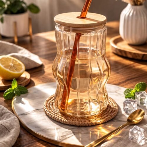 VERRE A BOIRE AVEC COUVERCLE EN BOIS + PIPETTE EN VERRE