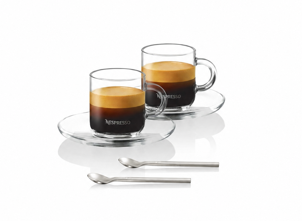COFFRET NESPRESSO VERTUO DOUBLE ESPRESSO DE 2 TASSES DE 180 ML AVEC 2 SOUS - TASSES ET 2 CUILLERES DE 12 CM