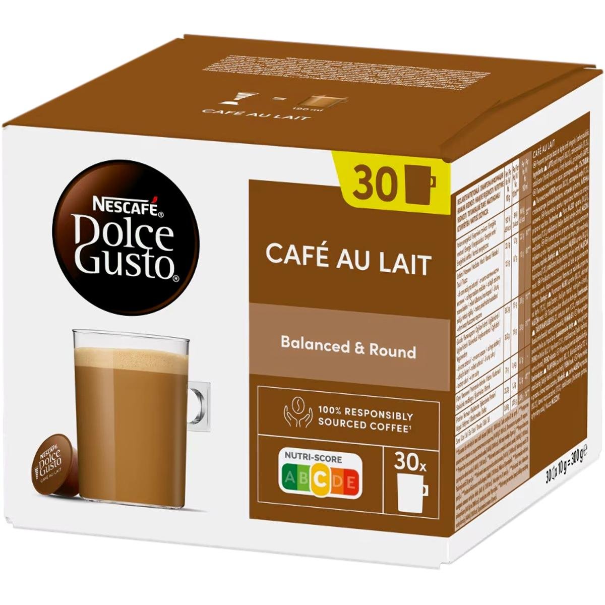 PAQUET DE 30 CAPSULES NESCAFE DOLCE GUSTO CAFÉ AU LAIT